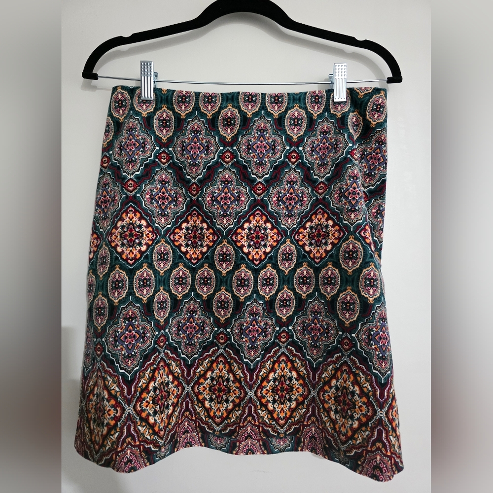 Patterned A-Line Skirt in Teal and Burgundy